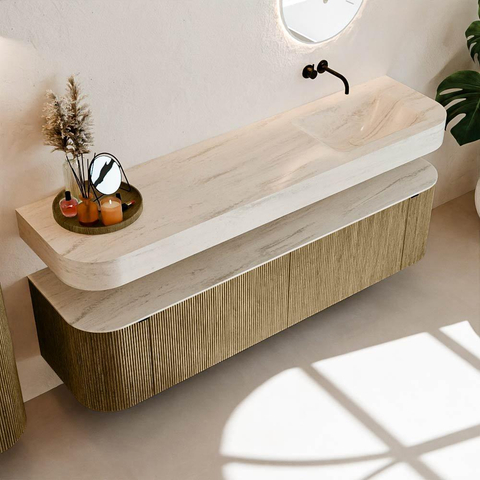 MONDIAZ THOR-DLUX 180cm meuble de salle de bains arrondi gauche + droite couleur Dusk avec 2 tiroirs et 2 portes. Vasque suspendue CLOUD Droite sans trou de robinet couleur Meli. SW1466176