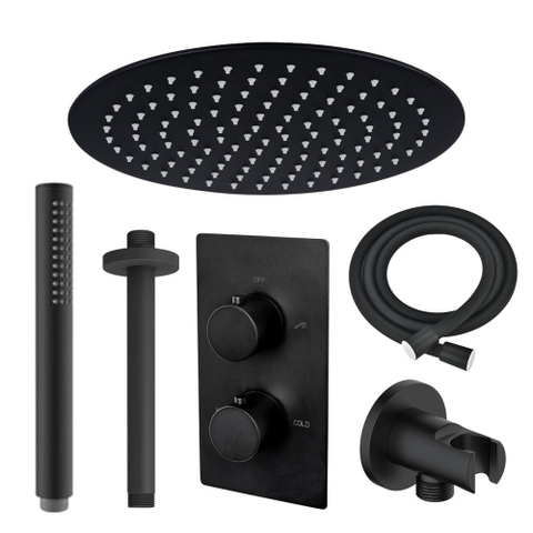 FugaFlow Eccelente Sobrado ensemble de douche à effet pluie encastré avec thermostat bras de plafond 25cm douche de tête avec tige douchette à main noir mat SW1124118