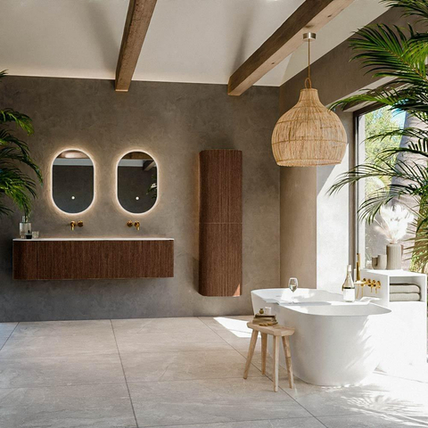 MONDIAZ KURVE-DLUX Meuble de salle de bains 165cm avec module 25 L couleur Walnut avec 2 tiroirs et 1 porte. Lavabo STOR SMALL double / à droite sans trou de robinet couleur Opalo. SW1137666