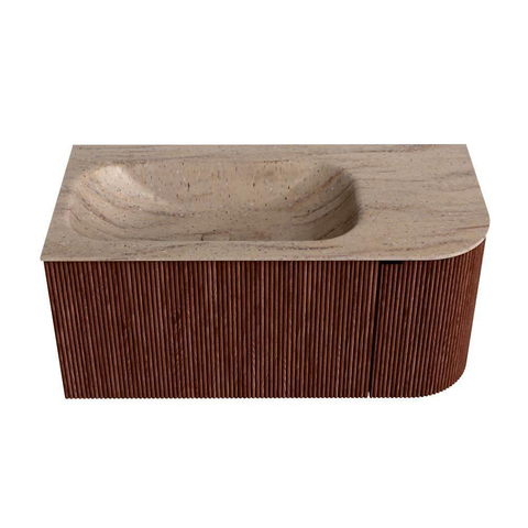 MONDIAZ KURVE-DLUX Meuble de salle de bains 95cm arrondi à droite couleur Ruby avec 1 tiroir et 1 porte. Lavabo BIG SMALL gauche sans trou de robinet Saba. SW1433448