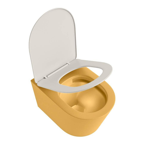Mondiaz LAVIE hangtoilet – spoelrandloos – 36 x 53 cm – met softclose zitting – Ocher (geel), zitting Linen (offwhite) SW1208653