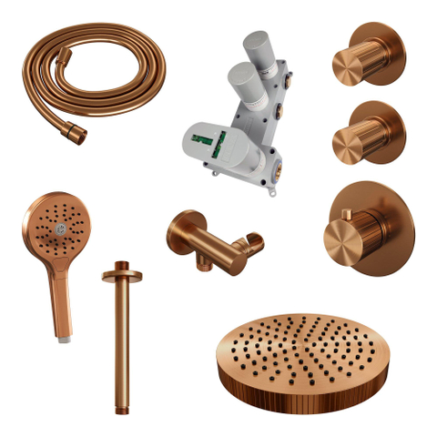 BRAUER Stripe Thermostatische Inbouw Regendouche - SET 06 - 25cm douchekop - plafondarm - 3-standen handdouche - doucheslang - wandaansluitbocht - koper geborsteld PVD SW1434918
