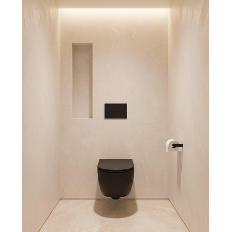 QeramiQ Dely Swirl Ensemble WC- 36.3x51.7cm - Réservoir encastré Geberit UP320 - Abattant de 35mm d'épaisseur - Plaque de commande en métal noir mat - Boutons ronds - Noir mat SW1138606
