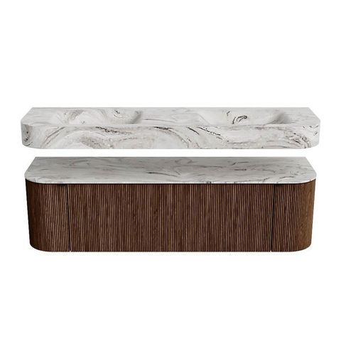MONDIAZ THOR-DLUX 160cm meuble de salle de bains arrondi gauche + droite couleur Walnut avec 1 tiroir et 2 portes. Vasque suspendue CLOUD Double 2 trous de robinet couleur Glace. SW1465001