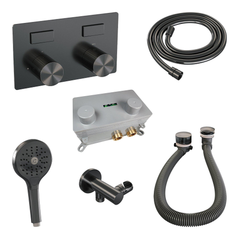 BRAUER Stripe Mitigeur thermostatique baignoire - boutons-poussoirs - SET 04 - encastré - combinaison remplissage baignoire - douchette 3 positions - flexible de douche - coude mural - gunmetal brossé PVD SW1434988