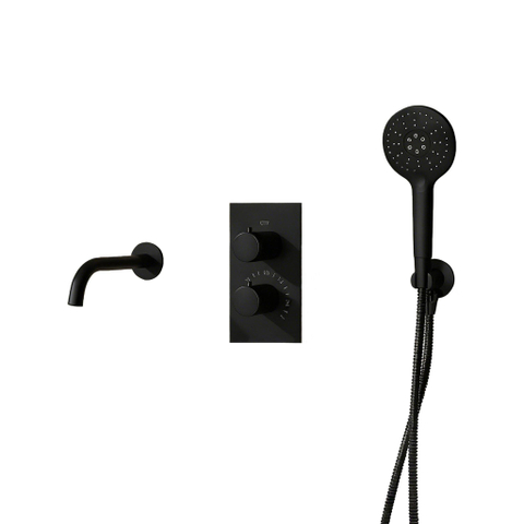 Fortifura Calvi Badkraan set - uitloop - 22cm inkortbaar - metalen slang - ronde handdouche - inbouwdeel - wandhouder - mat zwart SW1244025