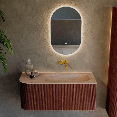 MONDIAZ KURVE-DLUX meuble de salle de bains 105cm arrondi à gauche couleur Ruby avec 1 tiroir et 1 porte. Lavabo BIG SMALL à droite sans trou de robinet Saba. SW1433453