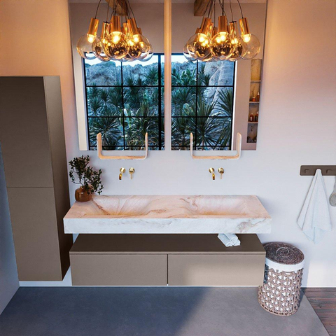 Mondiaz ALAN-DLUX Ensemble de meuble - 150cm - meuble Smoke mat - 2 tiroirs - Lavabo Cloud Frappe suspendu - vasque Gauche et droite - 0 trous de robinet SW804967