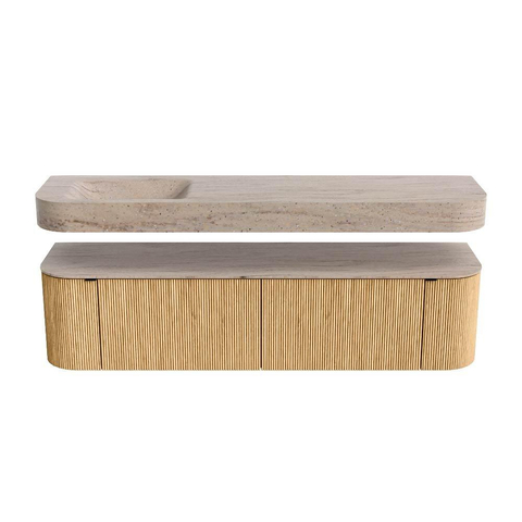 MONDIAZ THOR-DLUX 180cm badmeubel ronding links + rechts kleur Oak met 2 lades en 2 deuren. Vrijhangende wastafel CLOUD Links zonder kraangat kleur Saba. SW1466311