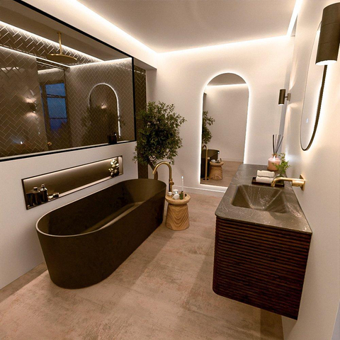 Mondiaz CIRO-DLUX Ensemble de meubles de salle de bains - 160x45x50cm - lavabo solid surface Lava - 1 vasque à droite - sans trous de robinet - 4 tiroirs - Noyer SW1530151