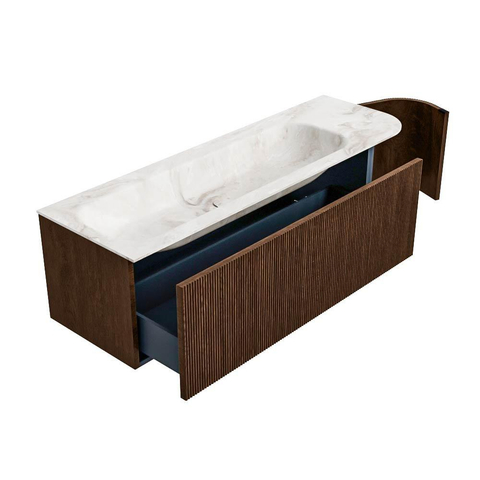 MONDIAZ KURVE-DLUX meuble de salle de bains 145 cm avec module 25 R couleur Walnut avec 1 tiroir et 1 porte. Lavabo BIG LARGE gauche 2 trous de robinet couleur Frappe. SW1137451