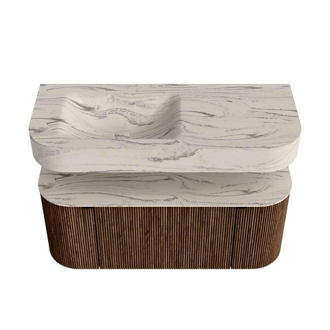 MONDIAZ THOR-DLUX 110cm badmeubel ronding links + rechts kleur Walnut met 1 lade en 2 deuren. Vrijhangende wastafel CLOUD Links zonder kraangat kleur Nata. SW1462935