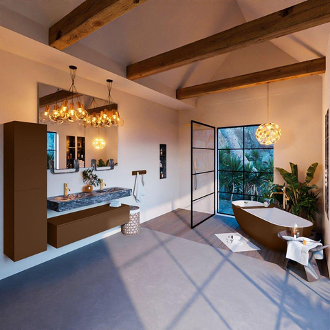 Mondiaz ALAN-DLUX Ensemble de meuble - 130cm - meuble Rust mat - 1 tiroir - Lavabo Cloud Lava suspendu - vasque Gauche et droite - 2 trous de robinet SW808387