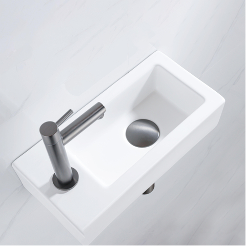QeramiQ Fuente pack lave-mains – 37,5 x 18,5 x 9 cm – céramique blanc mat – perçage à gauche – robinet gunmetal brossé SW1232762