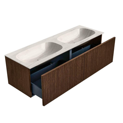 MONDIAZ KURVE-DLUX Meuble de salle de bains 140cm couleur Walnut avec 2 tiroirs et 0 portes. Lavabo STOR SMALL Double sans trou de robinet Meli. SW1431754