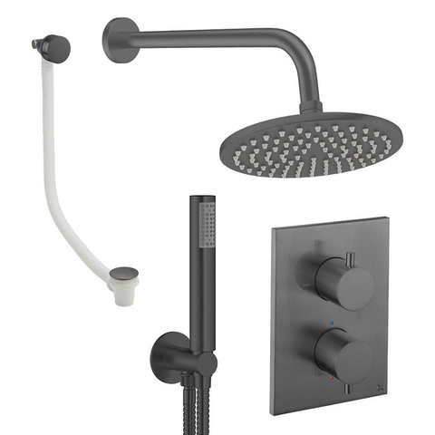 Crosswater MPRO Regendoucheset inbouw - 2 hendels - badafvoer - 20cm douchekop - handdouche - wandarm - slate gunmetal (antraciet) SW1472586