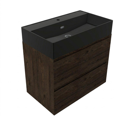 Saniclass Holz Pure Badkamermeubelset - 80x45x72cm - Legend keramische wastafel mat zwart - 1 wasbak - 1 kraangat - 2 lades - mat eiken charcoal (hout) SW1580183