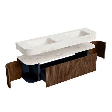 MONDIAZ THOR-DLUX 170cm badmeubel ronding links + rechts kleur Walnut met 1 lade en 2 deuren. Vrijhangende wastafel CLOUD Dubbel 2 kraangaten kleur Ostra. SW1412134