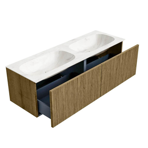 Mondiaz KURVE-DLUX Badkamermeubelset - 140x46x40cm - 2 lade - wastafel solid surface - dubbel - 2 kraangaten - Dusk SW1415188
