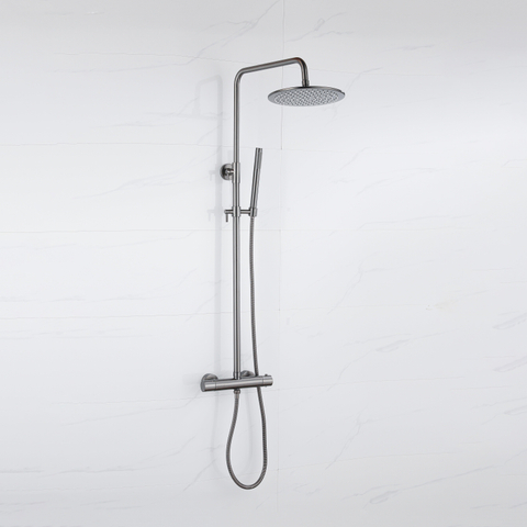 Fortifura Calvi Regendoucheset - thermostatisch - 25cm - hoofddouche - metalen slang - staaf handdouche - PVD - geborsteld gunmetal (antraciet) SW1204408