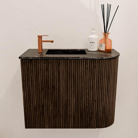 Mondiaz JOYA-DLUX 51.6cm toiletmeubel - ronding rechts kleur Walnut - Wastafel FAYE positie Links 1 kraangat kleur Lava. SW1422476