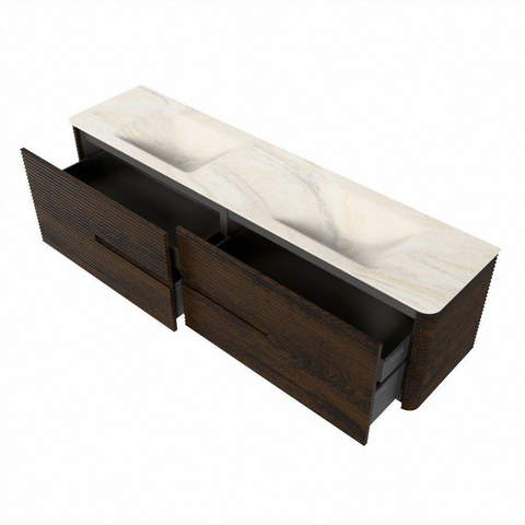 Mondiaz CIRO-DLUX Badkamermeubelset - 190x45x50cm - Solid surface wastafel Ostra - 2 wasbak Dubbel - 2 kraangaten - 4 lades - Walnut SW1530445