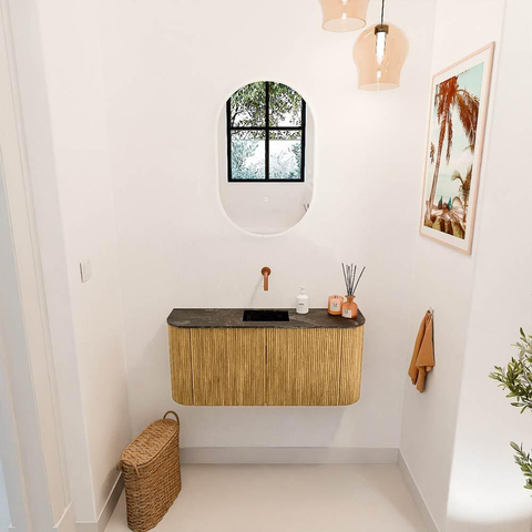 Mondiaz JOYA-DLUX 93.2cm toiletmeubel - ronding links en rechts kleur Oak - Wastafel FAYE positie Midden Zonder kraangat kleur Lava. SW1422101
