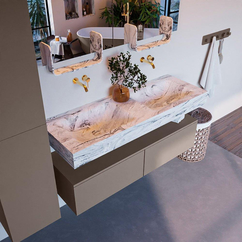 Mondiaz ALAN-DLUX Ensemble de meuble - 130cm - meuble Smoke mat - 2 tiroirs - Lavabo Cloud Glace suspendu - vasque Gauche et droite - 0 trous de robinet SW805712
