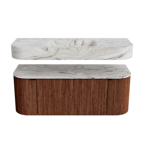 MONDIAZ THOR-DLUX Meuble de salle de bains - 120cm - arrondi gauche + droite - couleur Ruby - 1 tiroir - 2 portes - Vasque suspendue CLOUD Milieu 1 trou de robinet - couleur Glace SW1463085