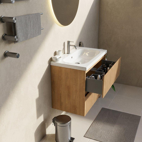 Saniclass Holz Atelier Ensemble de meubles de salle de bains - 80x45x63.5cm - Lavabo en céramique Palermo blanc - 1 vasque - 1 trou de robinetterie - 2 tiroirs - chêne naturel mat (bois) SW1478598