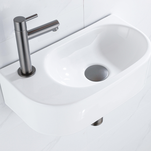 QeramiQ Fuente pack lave-mains – 40 x 21,5 x 12 cm – céramique blanc brillant – perçage à gauche – robinet gunmetal SW1232825