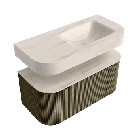MONDIAZ THOR-DLUX 100cm meuble de salle de bains arrondi gauche + droite couleur Shadow avec 1 tiroir et 2 portes. Vasque suspendue CLOUD droite sans trou de robinet couleur Meli. SW1467492