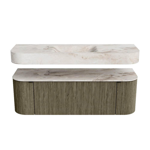 MONDIAZ THOR-DLUX 140cm meuble de salle de bains arrondi gauche + droite couleur Shadow avec 1 tiroir et 2 portes. Vasque suspendue CLOUD Milieu 1 trou de robinet couleur Frappe. SW1464124