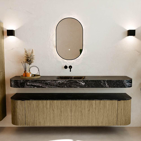 MONDIAZ THOR-DLUX 190cm meuble de salle de bains arrondi gauche + droite couleur Dusk avec 2 tiroirs et 2 portes. Vasque suspendue CLOUD Milieu sans trou de robinet couleur Lava. SW1466448