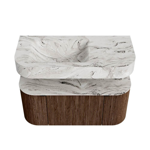 MONDIAZ THOR-DLUX Meuble de salle de bains - 100cm - arrondi gauche + droite - couleur Walnut - 1 tiroir - 2 portes - Vasque suspendue CLOUD Gauche 1 trou de robinet - couleur Glace SW1467370