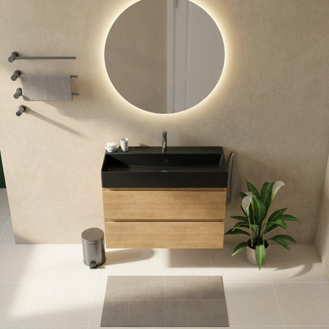 Saniclass Holz Pure Badkamermeubelset - 100x45x72cm - Legend keramische wastafel mat zwart - 1 wasbak - 1 kraangat - 2 lades - mat eiken natural (hout) SW1580185