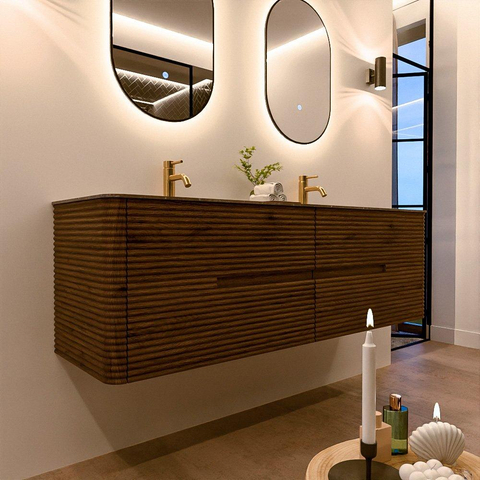 Mondiaz CIRO-DLUX Badkamermeubelset - 160x45x50cm - Solid surface wastafel Oza - 2 wasbak Dubbel - 2 kraangaten - 4 lades - Dusk SW1533294