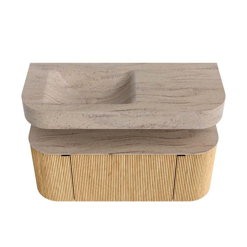 MONDIAZ THOR-DLUX 110cm meuble de salle de bains arrondi gauche + droite couleur Oak avec 1 tiroir et 2 portes. Vasque suspendue CLOUD Gauche sans trou de robinet couleur Saba. SW1463002