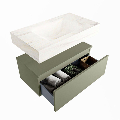 Mondiaz ALAN-DLUX Ensemble de meuble - 80cm - meuble Army mat - 1 tiroir - Lavabo Cloud Ostra suspendu - vasque Centre - 0 trous de robinet SW807557
