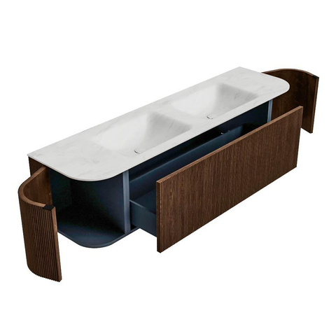 MONDIAZ KURVE-DLUX Meuble de salle de bains 170cm avec module 25 Len R couleur Walnut avec 1 tiroir et 2 portes. Lavabo LEAF double 2 trous de robinet couleur Opalo. SW1137667