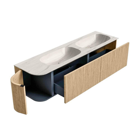 MONDIAZ KURVE-DLUX 165cm meuble de salle de bains arrondi Gauche couleur Chêne avec 2 tiroirs et 1 porte. Lavabo STOR SMALL Double / Droite 2 trous de robinet Meli. SW1431656