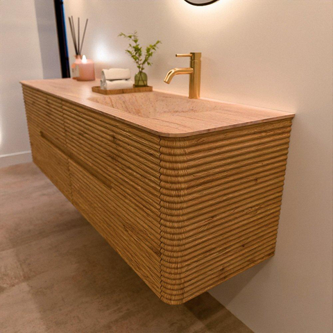 Mondiaz CIRO-DLUX Badkamermeubelset - 160x45x50cm - Solid surface wastafel Saba - 1 wasbak Rechts - 1 kraangat - 4 lades - Oak SW1531207