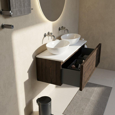 Saniclass Holz Frame Ensemble de meubles de salle de bains - 120x45x42.5cm - plan de travail Torino en solid surface blanc - sans trou de robinetterie - 1 tiroir - chêne charcoal mat (bois) SW1478714