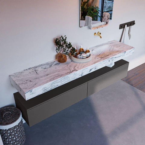 MONDIAZ ALAN - DLUX Ensemble meuble de salle de bains - 200cm - meuble bas - gris foncé - 2 tiroirs - lavabo suspendu - vasque à droite - 0 trous de robinet - Glace SW804775