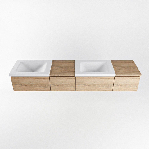 MONDIAZ BUKLA 200cm ensemble de meuble avec module 40 gauche couleur Chêne blanchi avec 4 tiroirs. Lavabo CLOUD double 2 trous de robinet couleur Talc. SW1382141
