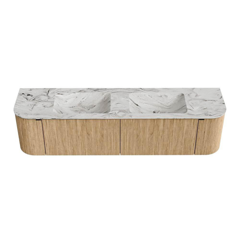 MONDIAZ KURVE-DLUX meuble de salle de bains 180 cm avec module 25 Len R couleur Chêne avec 2 tiroirs et 2 portes. Lavabo LEAF double 2 trous de robinet couleur Glace. SW1137988