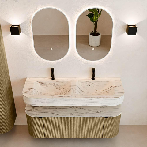 MONDIAZ THOR-DLUX 130cm meuble de salle de bains arrondi gauche + droite couleur Dusk avec 1 tiroir et 2 portes. Vasque suspendue CLOUD Double 2 trous de robinet couleur Nata. SW1463849