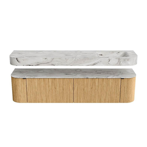 MONDIAZ THOR-DLUX Meuble de salle de bains - 190cm - arrondi gauche + droite - couleur Oak - 2 tiroirs et 2 portes - Vasque suspendue CLOUD Droite sans trou de robinet - couleur Glace SW1466365