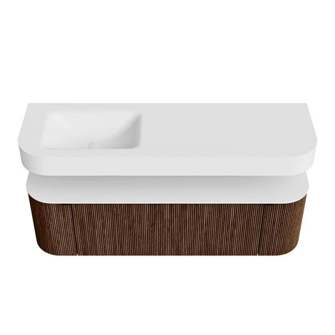 MONDIAZ THOR 150cm badmeubel ronding links + rechts kleur Walnut met 1 lade en 2 deuren. Vrijhangende wastafel CLOUD Links zonder kraangat kleur Talc. SW1464632