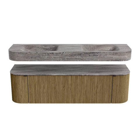 MONDIAZ THOR-DLUX 160cm meuble de salle de bains arrondi gauche + droite couleur Dusk avec 1 tiroir et 2 portes. Vasque suspendue CLOUD Double 2 trous de robinet couleur Oza. SW1465314